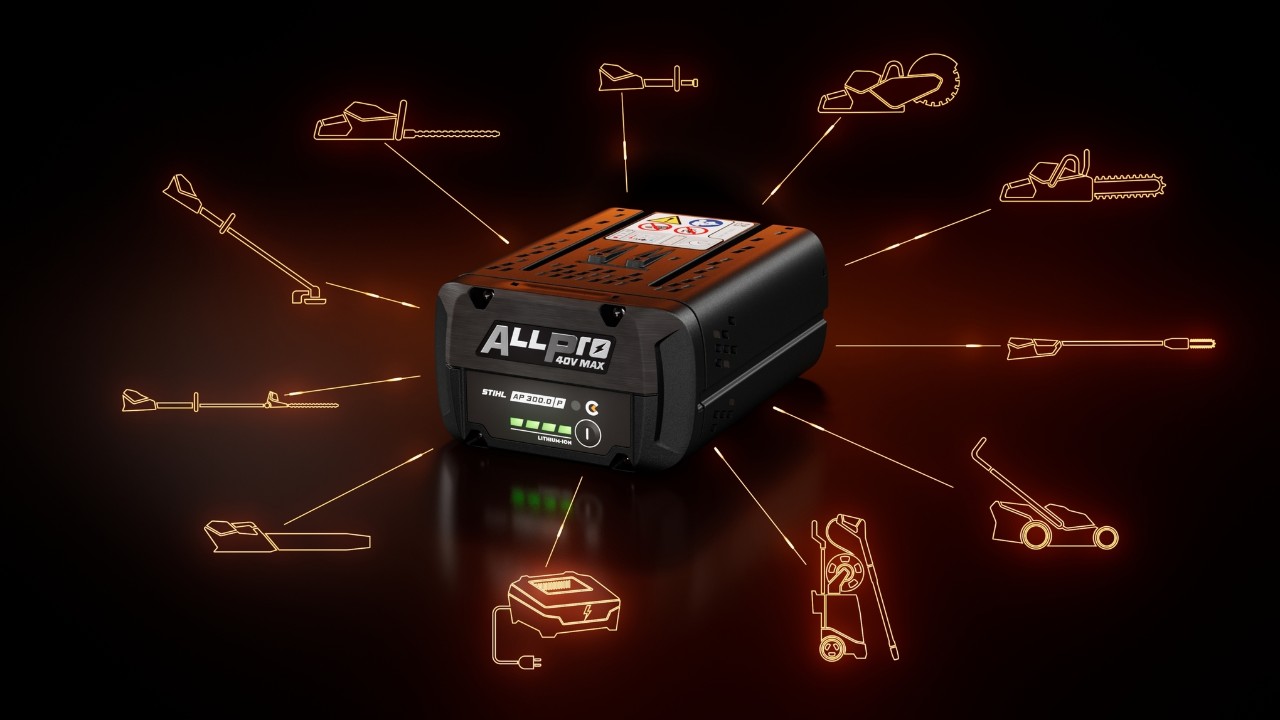 Μπαταρία STIHL ALLPRO AP 300.0 PC με διάφορα σύμβολα κατηγορίας προϊόντος που υποδεικνύουν συμβατότητα