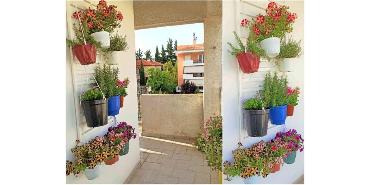 κρεμαστός κήπος στο μπαλκόνι σπιτιου