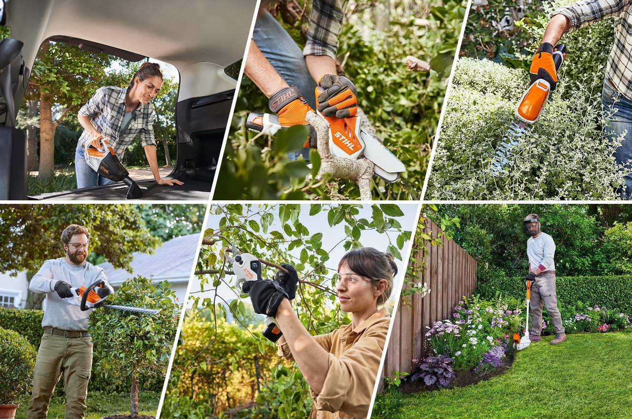 People performing various gardening tasks, such as topiary and trimming lawn edges, using the AS System's cordless tools. Caption: The AS System's tools are versatile and can be used for a variety of gardening tasks 